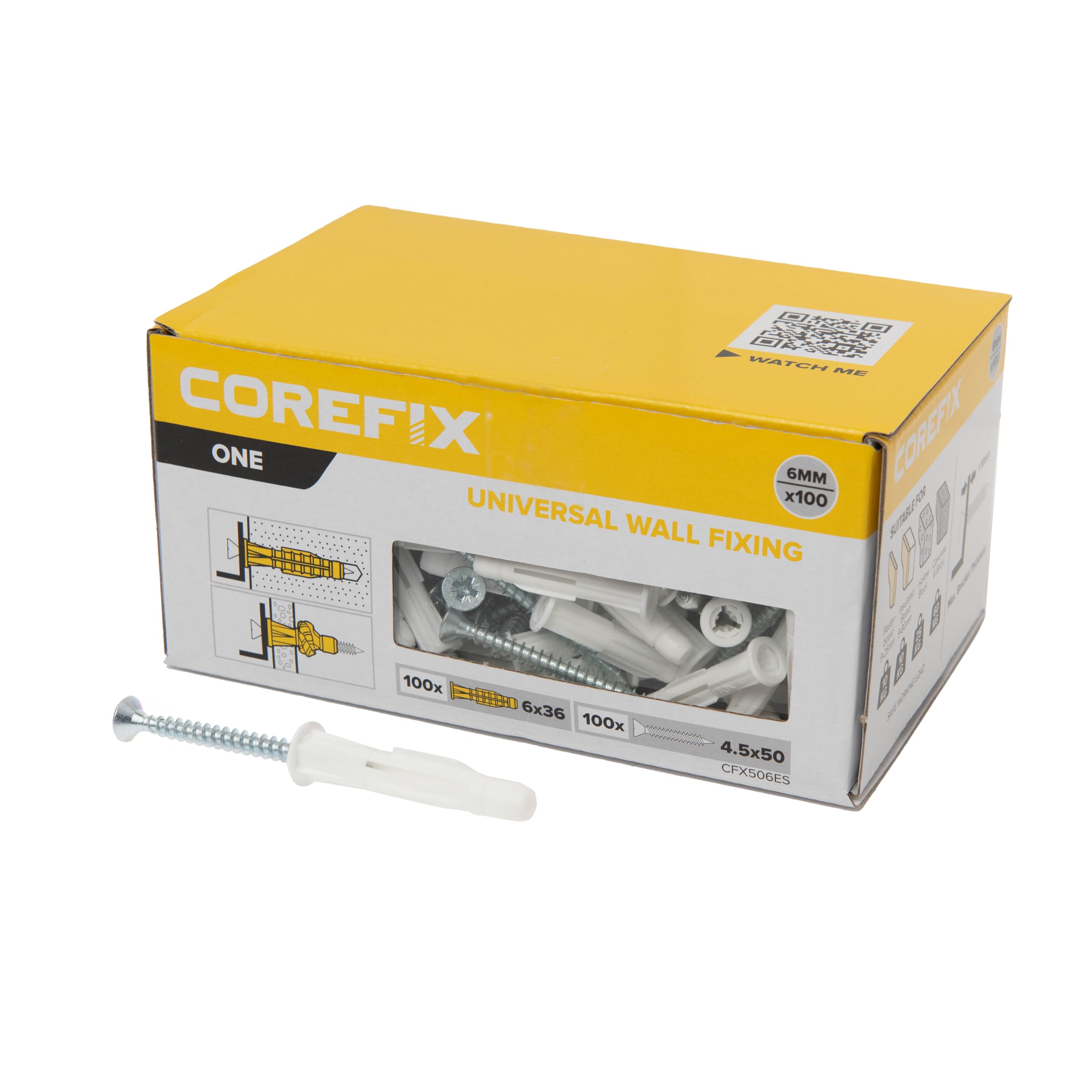 Corefix ONE Universal Wall Plugs & Screws Pack of 100, Medium Duty (60kg in masonry) Wall Fixing Suitable For All Wall Types. Perfect For Mounting Shelves, Hanging Pictures & Securing Electrical Boxes