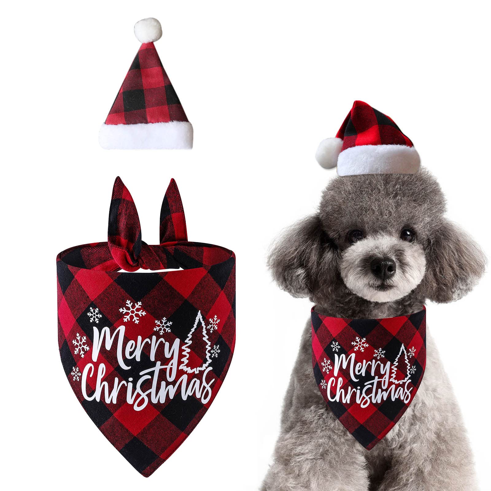 Dog Christmas Bandana and Hat, Xmas Pet Kerchief Scarf Dog Triangle Bibs Washable for Christmas Holiday Festival Theme Party Cat Dog (Red)