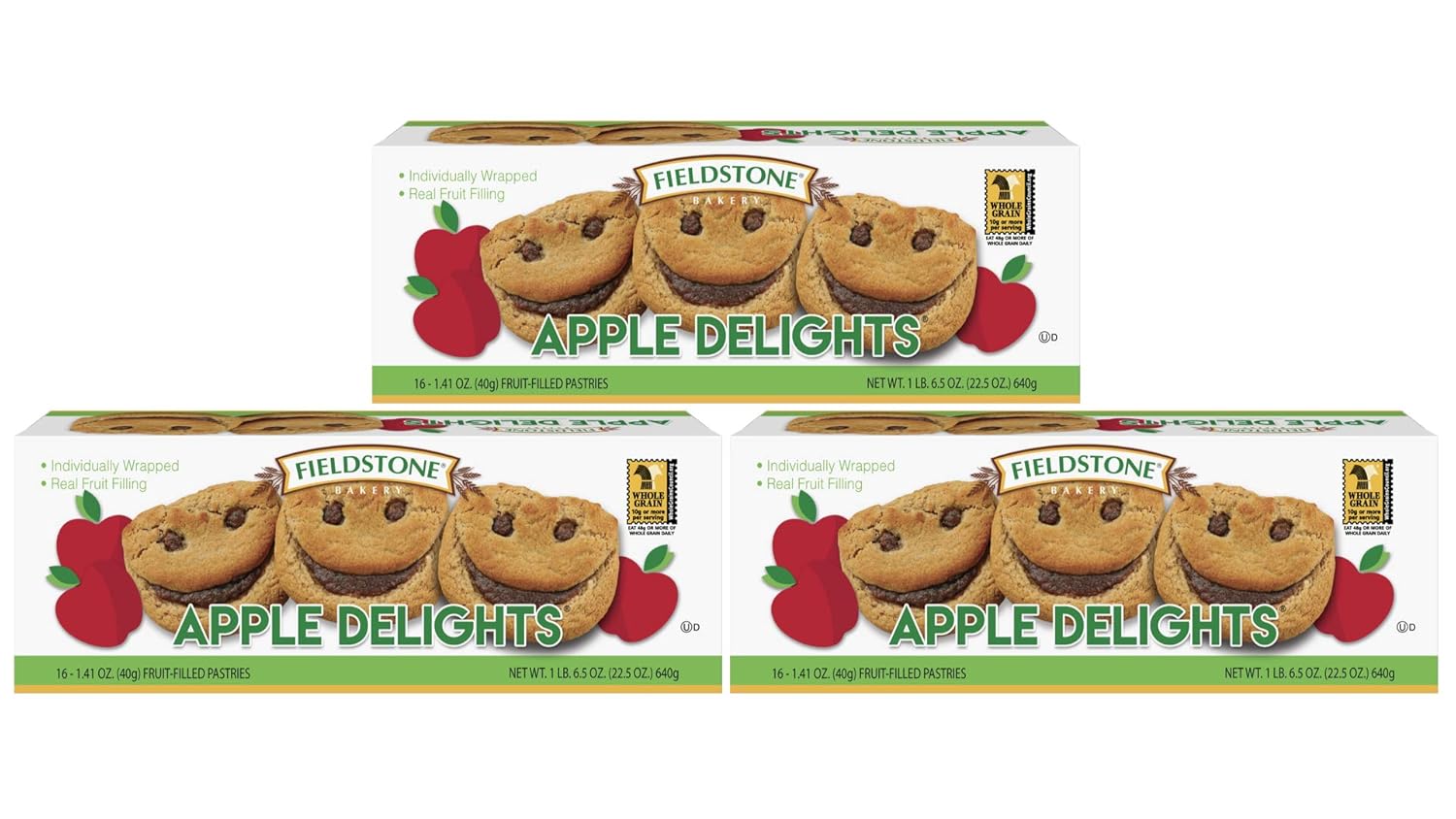 Fieldstone Bakery Whole Grain Apple Delights with Real Fruit Filling, 3 Boxes, 48 Individually Wraped Pastries