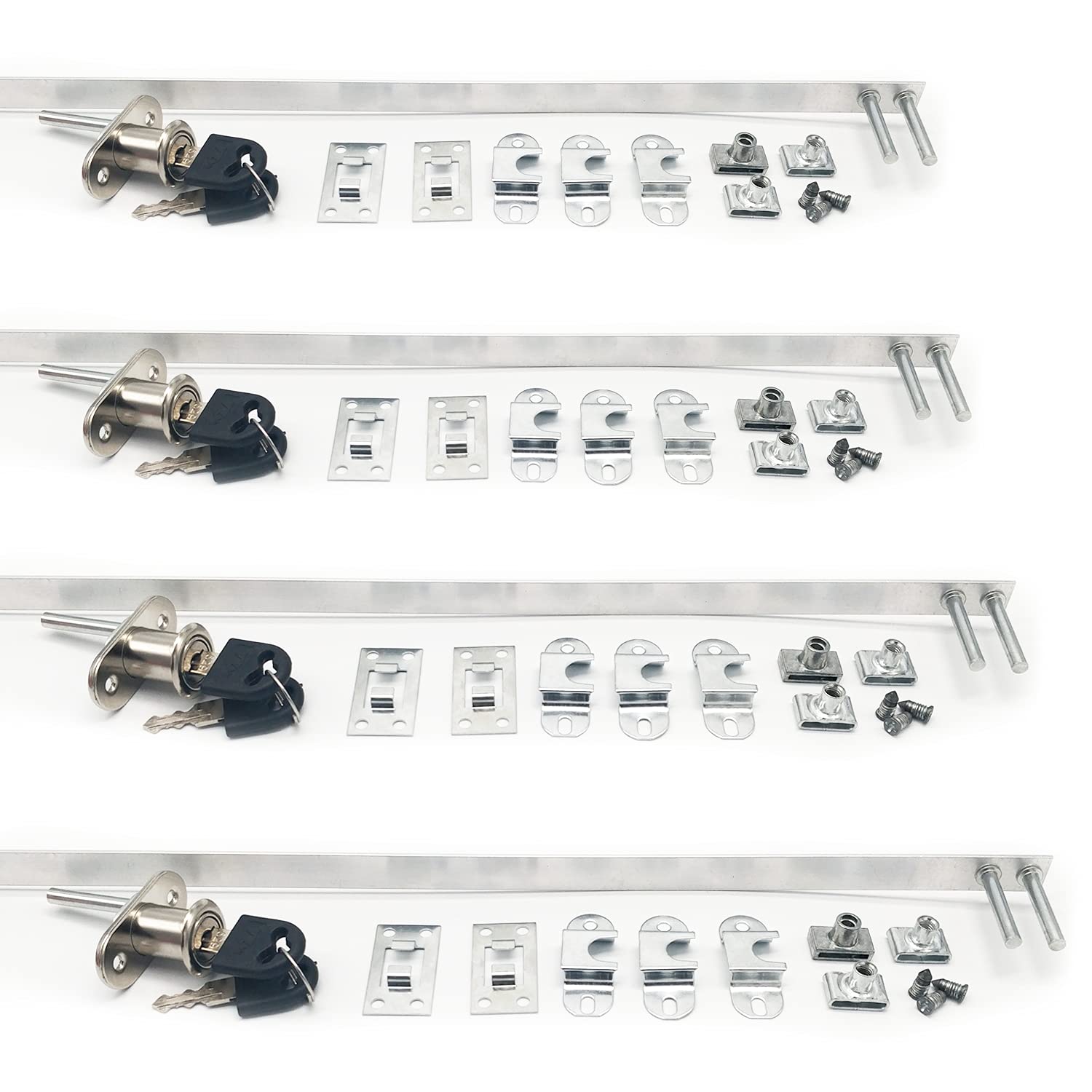 Three Linkage Lock๏ผ4 Drawer Lock Kits, Each with Plunger Lock, Parts Set, Lock bar, 2 Folding Keys,File Cabinet Lock Cupboard Cam Lock Cabinet Door Locks for Filing Cabinets Wardrobe (Silver)