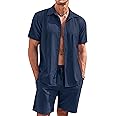 COOFANDY Men's 2 Piece Short Set Cuban Guayabera Shirts Short Sleeve Casual Beach Outfits Set