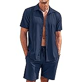 COOFANDY Men's 2 Piece Short Set Cuban Guayabera Shirts Short Sleeve Casual Beach Outfits Set