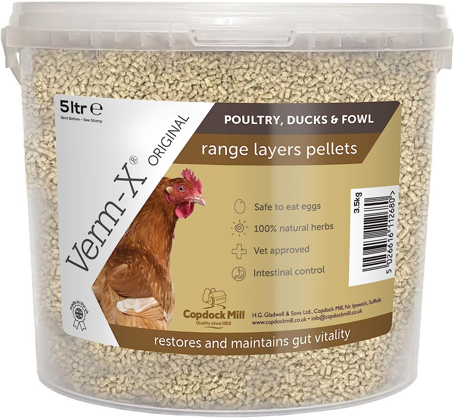 Copdock Mill Range Layers Pellets with Verm-X Chicken Feed 3.5kg/5L Tub - Premium Quality Complete Feed for Poultry - 100% Natural - Aids Digestion & Protect Against Intestinal Problems — image 1