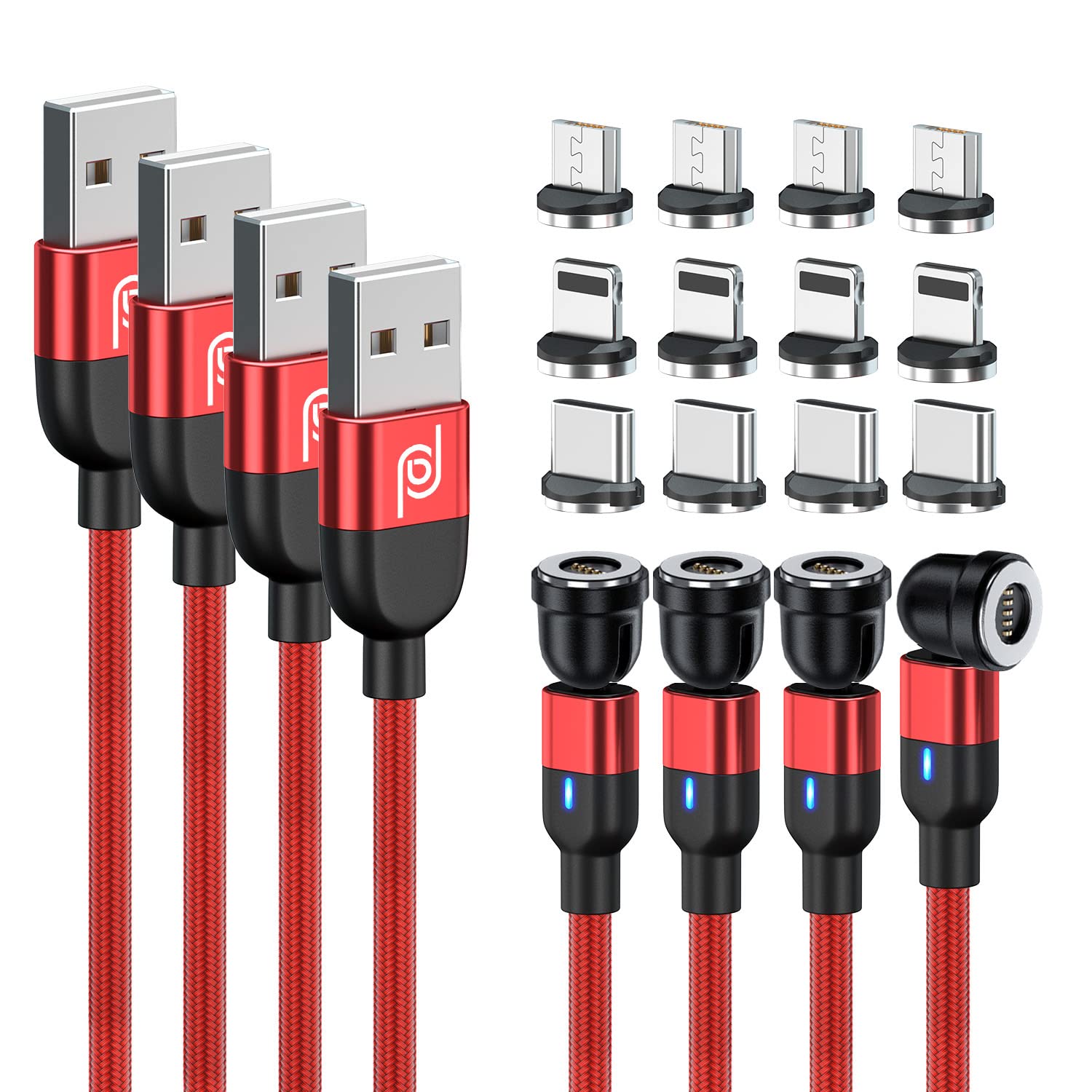 JJA Magnetic Charger Cable, Pack of 4, 2x1m,2m & 3m, 360°+180° Rotating, Fast Charging, Data Transfer, Visibility LED, Compatible with Micro USB, Type C, i-connector (Red, Pack of 4)