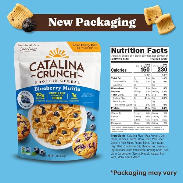 CATALINA CRUNCH PROTEIN CEREAL – BREAKFAST CEREAL WITH 10G OF PROTEIN, NO ADDED SUGAR – GLUTEN FREE – BLUEBERRY MUFFIN – 8 OZ. BAG (PACK OF 1)