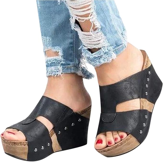 Xudanell Womens Sandals Wedges Cork Sole Comfort Platform Open Toe Leather Sandalias Wedge 