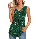 CATHY Womens Summer Sleeveless Tank Top V Neck Button Blouse Casual Pleated Basic Henley Shirts