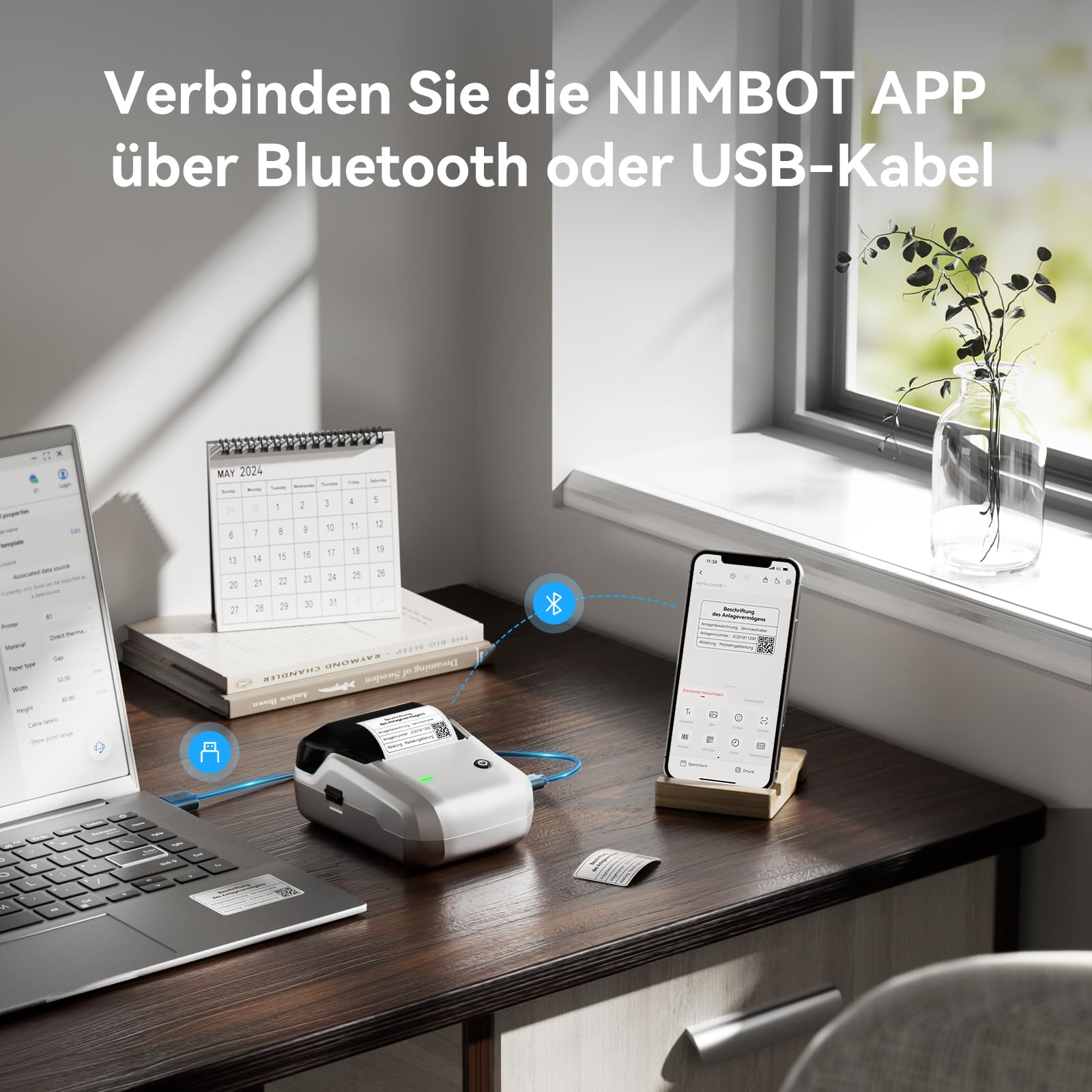 NIIMBOT B1 Etikettendrucker mit Wasserfeste Etiketten Selbstklebend, Tragbarer Beschriftungsgerät Bluetooth Label Printer Aufkleber Drucker für Barcode, Schulbedarf, Logo, Adresse, Silber 9