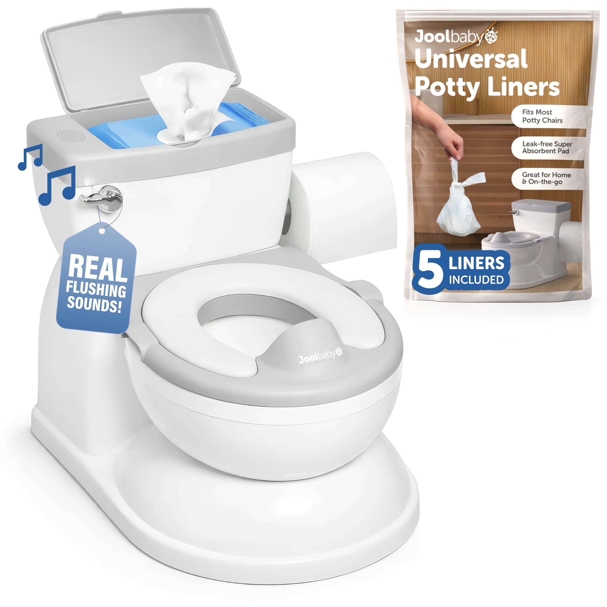 Jool Baby Real Feel 2-in-1 Potty with Wipes Storage, Flushing Sounds & Disposable Liners - Realistic Toilet - Easy to Clean & Assemble (Gray)