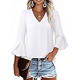 VICHYIE 3/4 Sleeve Tops for Women Summer V Neck Ruffle Sleeve Shirt Loose Dressy Casual Blouses Fashion