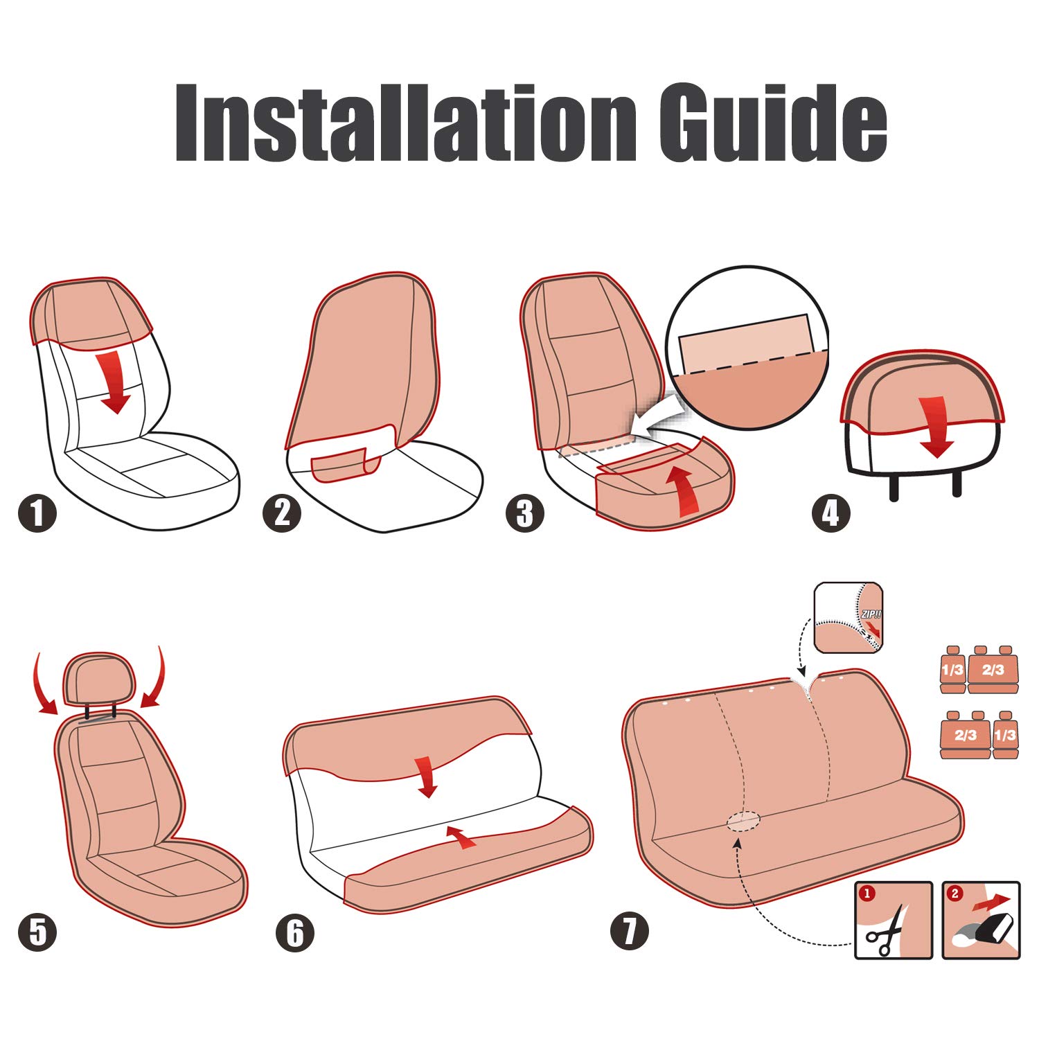 Full Coverage Car Seat Covers, Full Set Seat Covers of 5 Detachable Headrests and Solid Bench, Universal Auto Seat Protector Fit Most Car, Truck, SUV, or Van, Non Slip, Airbag & Split Ready, Black&Red