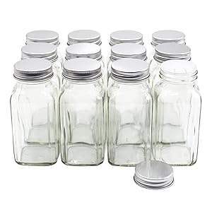 U-Pack 12 pieces of French Square Glass Spice Bottles 6 oz Spice Jars with Silver Metal Lids, Shaker Tops, and Labels by U-Pack