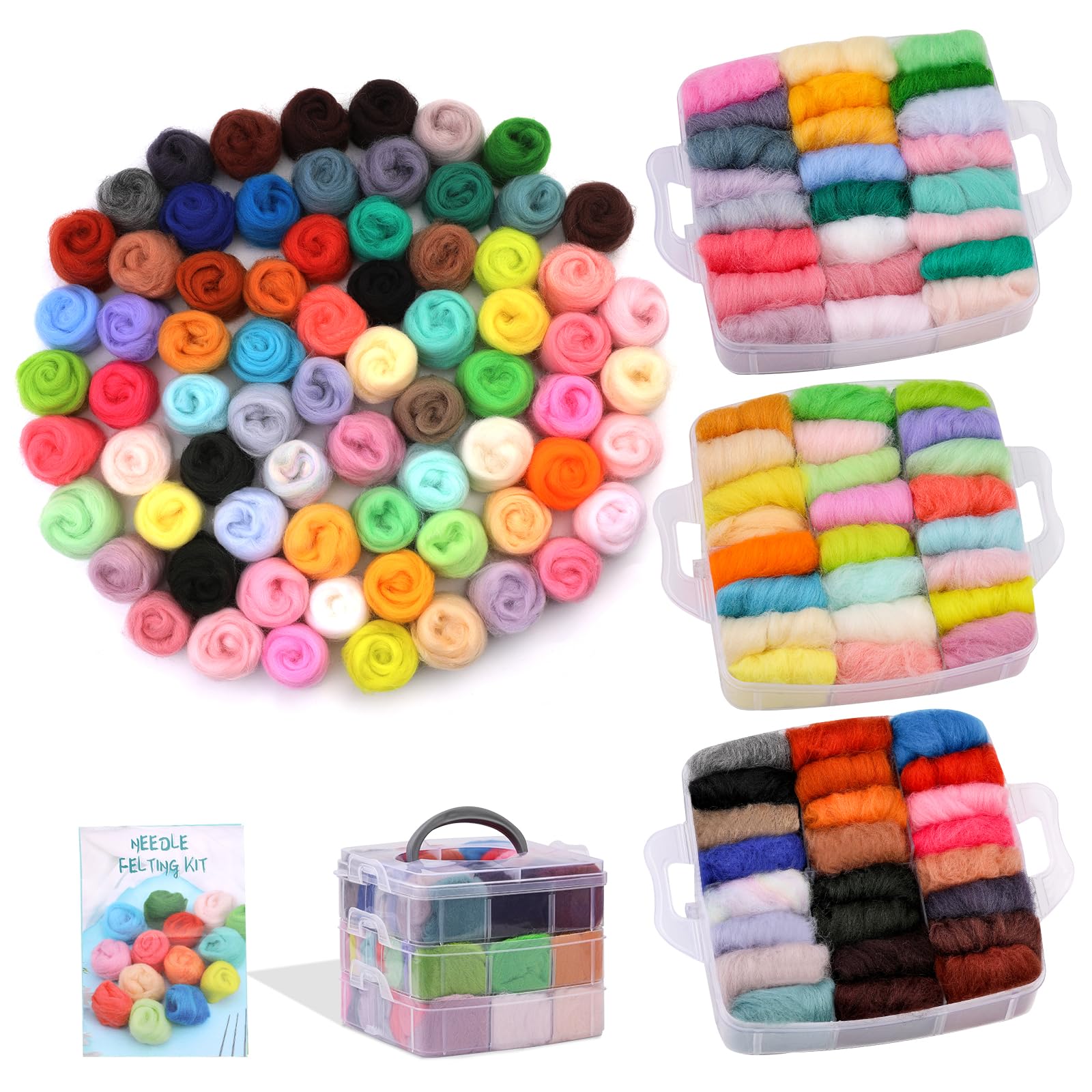 Axmru Needle Felting Kit 72 Colors Wool Roving Yarn Nature Fiber Wool Needle Felting Wool Needle Felting Starter Kit with 3-Layer Transparent Storage Box for Wet Felting DIY Creations