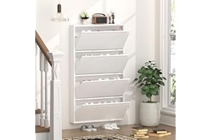 GREATMEET Metal Shoe Cabinet with 4 Flip Drawers, Wall Mount Shoe Organizer for Entryway, Narrow Shoe Storage Cabinet for Entryway Slim, Hidden Shoes Rack (White, 4 FILP Drawers)