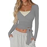 Sweetyweee Women Wrap Tie Tops Lightweight Slim Fit Ballet Pilates Yoga Workout Active Shirts Long Sleeve V Neck Casual Tees