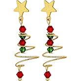 Christmas Tree Dangle Earrings - Women Lucky Star Ear Drop Stud for Xmas Spiral Twist Red Green Beads Charm Cute Ornament Dangling Earrings Gifts for Holiday Party