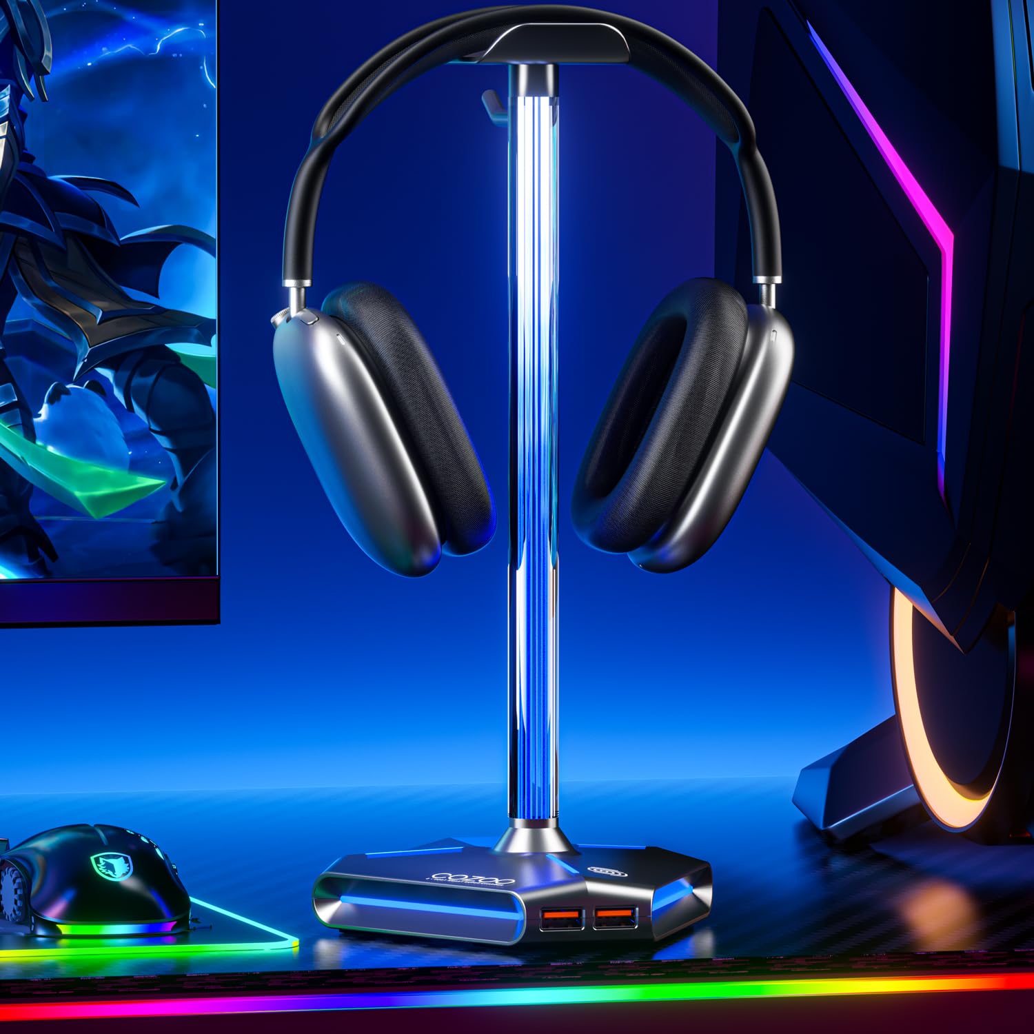 RGB Headphone Stand with 2 USB Ports & Extension Cord, Gaming Headset Holder for Desktop, PC Gaming Accessories, Gifts for Teen Boys, Men, Boyfriend, Gaming Setup Organizer