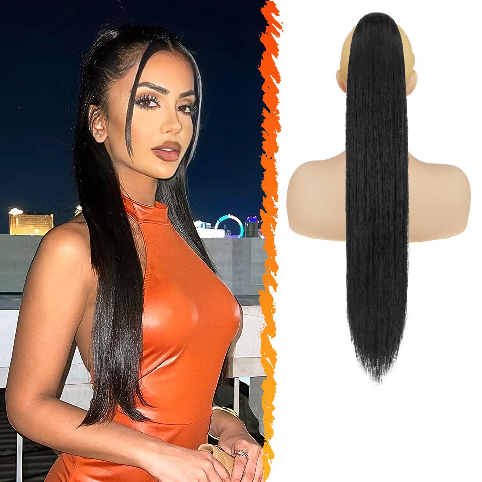 BARSDAR Black Straight Ponytail Extension, 26 Inch Long Straight Drawstring Ponytail Hair Extensions Synthetic Fake Pony Tails Hairpieces Clip in Ponytail Extension for Women Daily - Jet Black