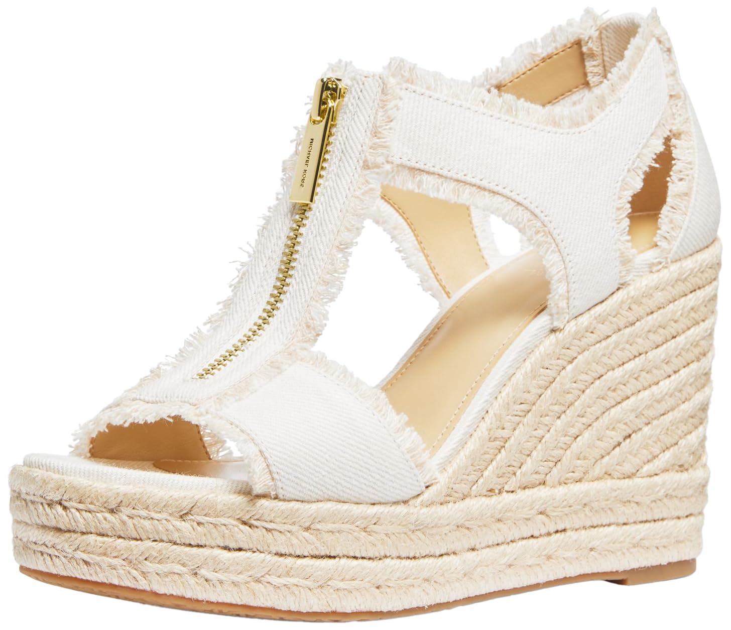 Michael Kors Women’s Berkley Mid-Heel Wedge Sandal, Denim-Frayed Edges/Optical White, 9.5