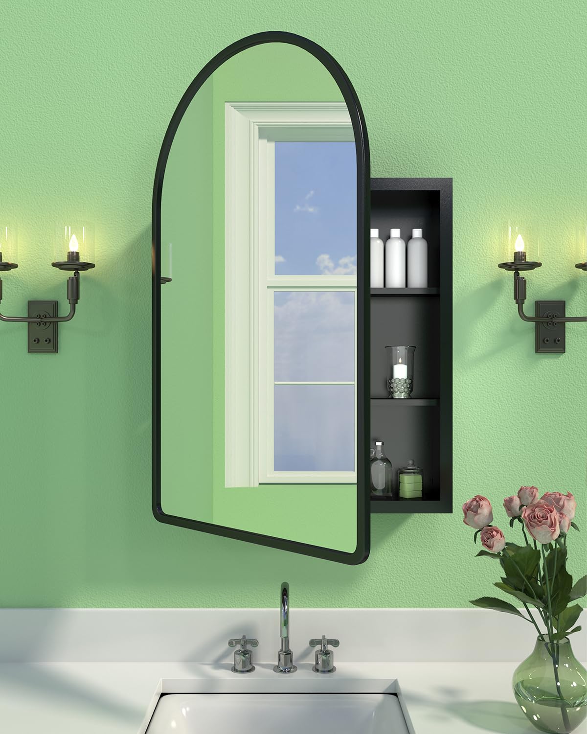 Photo 1 of 19.7"x31.5" Black Medicine Cabinet with Mirror, Arched Medicine Cabinet with Mirror for Bathroom Vanity Wall Mounted & Recessed with 1 Organizer, 2 Stable and Removable Shelves, Easy Installation