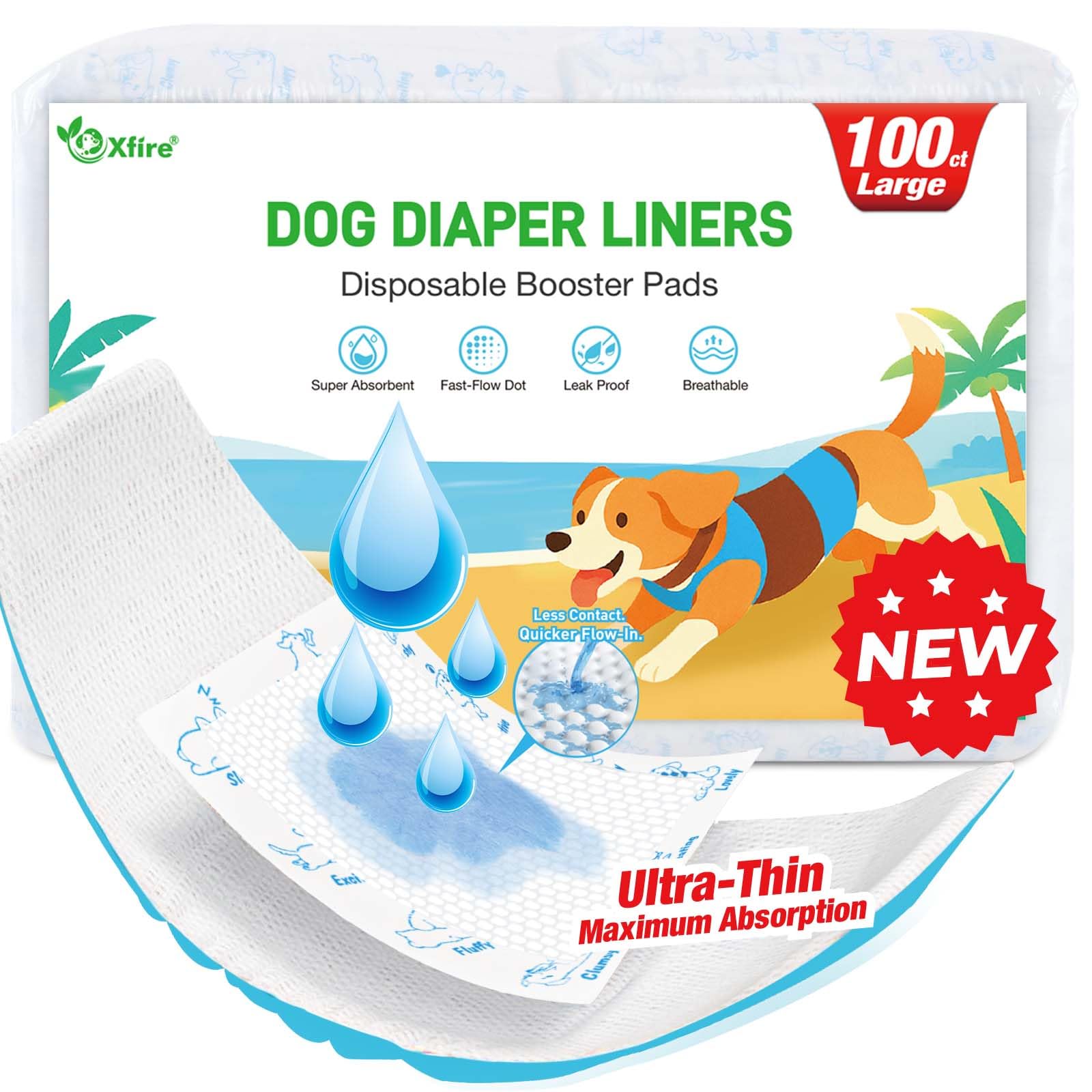 Photo 1 of +++open bag+++Dog Diaper Liners 100ct, Upgraded Ultra-Thin & Super Absorbent Dog Diapers Booster Pads for Male and Female Dogs, Disposable Doggy Diapers Inserts for Dog Belly Bands Wraps Period Panties (Large)