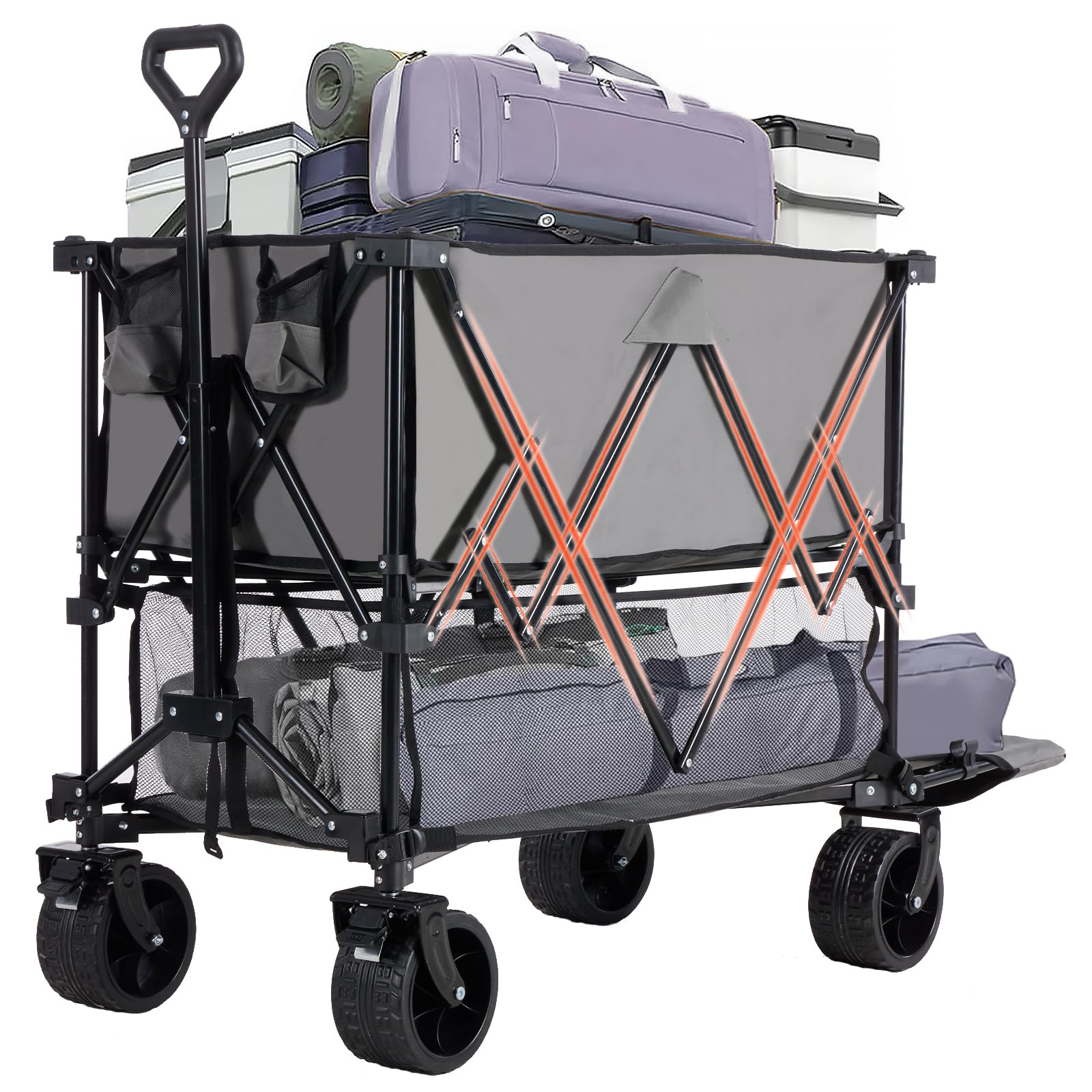 DUMOS 440LBS Heavy Duty Double Decker Wagon Cart with Extender, 400L Large Capacity Collapsible Folding Wagons with Brakes, Adjust Handle, All-Terrain Big Wheels for Garden Shopping Camping, Grey Image