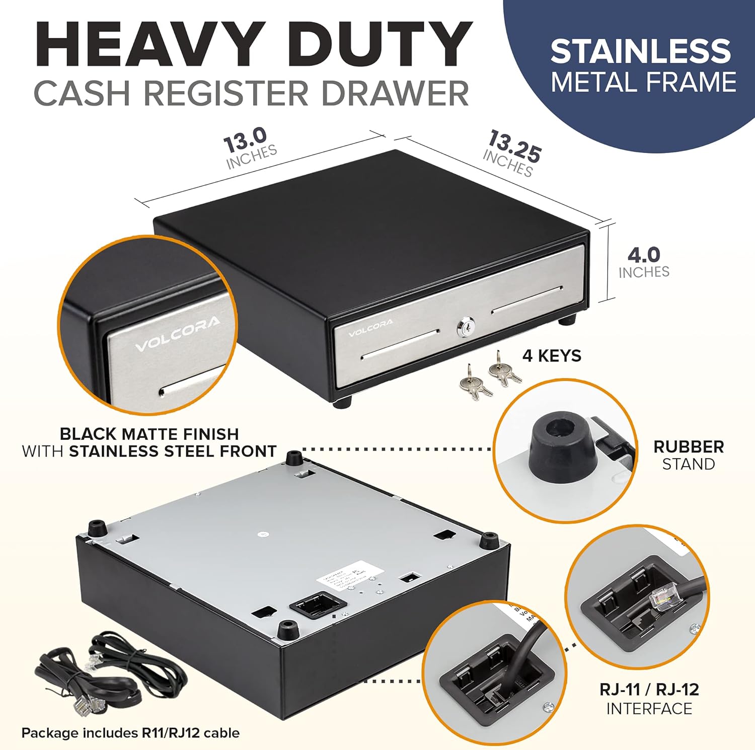 Mini Cash Register Drawer 13” for Point of Sale (POS) System - Black with Stainless Steel Front - Fully Removable 2 Tier Cash Tray, 4 Bill/5 Coin, 24V, RJ11/RJ12 Key-Lock, Double Media Slot : Electronics