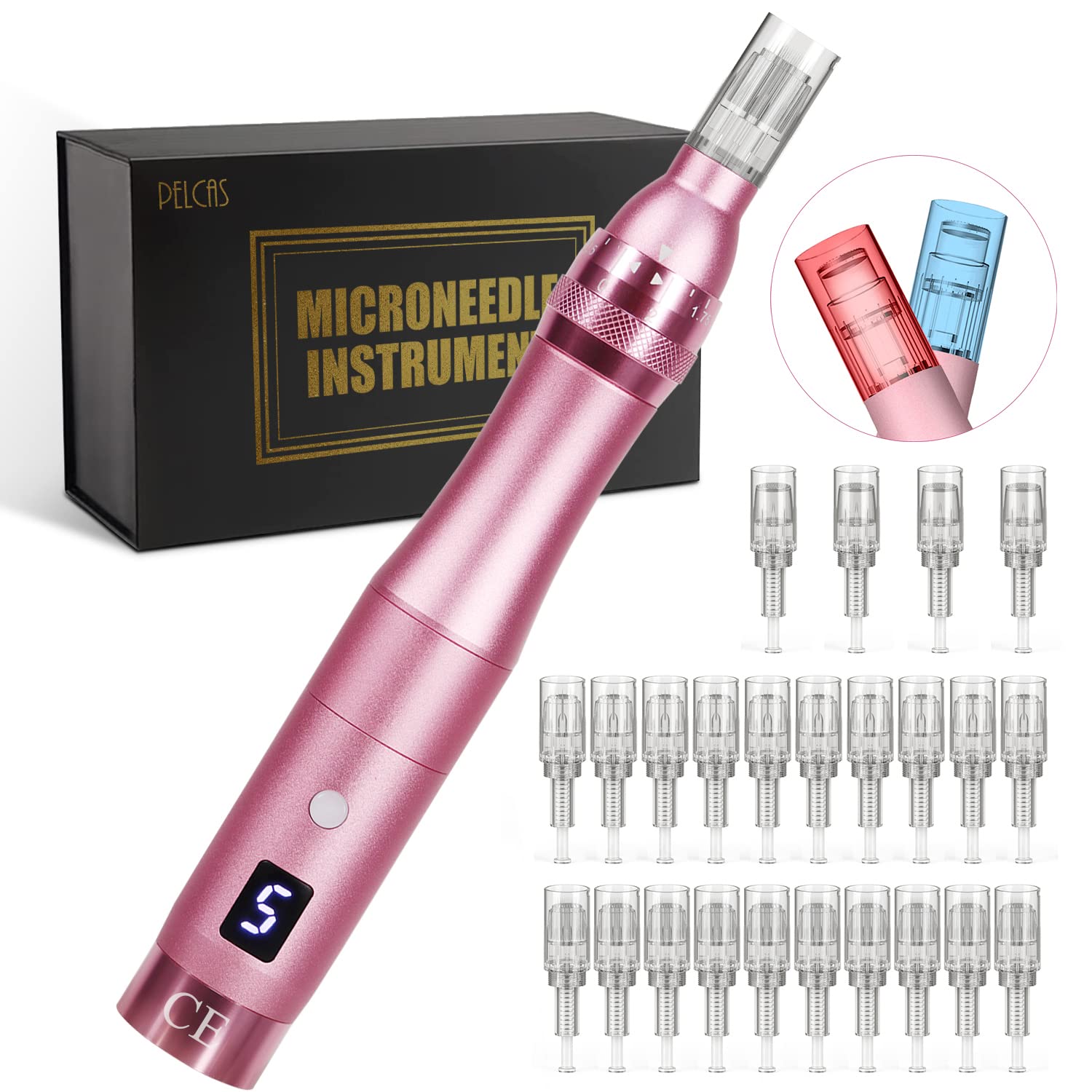 PELCAS 2 in 1 Microneedling Pen, Derma Pen with 2 LED Colors 6 Speeds Dermapen LCD Display Adjustable with 24 Replacement Cartridges Rechargeable Cordless for Skin Care