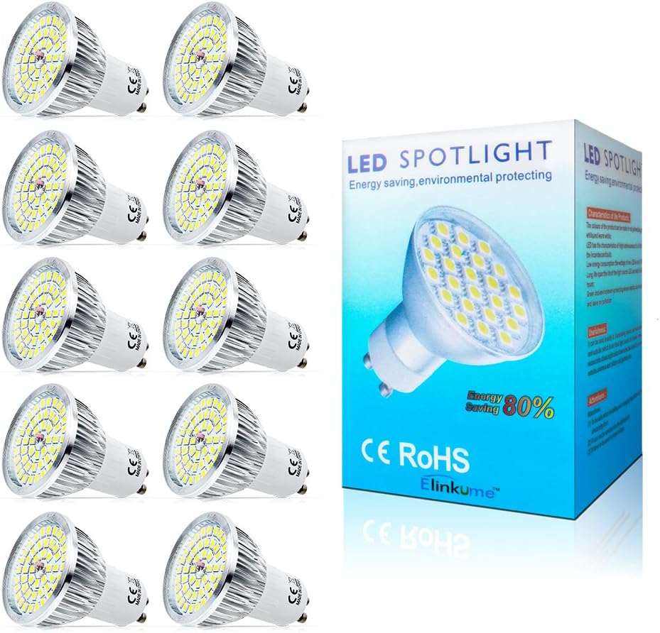 Elinkume 10 Pack GU10 Led Bulbs 5W 48 SMD 2835 Super Bright Led Energy Saving Bulbs with New Chip Technology,Warm White Led Light Bulbs(3000K) AC195-240V (Cool White) [Energy Class A+]
