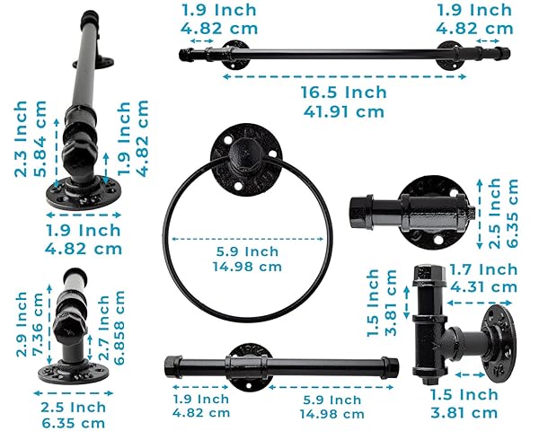 COMFIFY INDUSTRIAL PIPE DECOR SET FOR 4 PIECE BATHROOM FIXTURE SET: 1 PAPER HOLDER, 1 ROBE HOOK, 1 TOWEL RING & 1 TOWEL BAR IN MATTE BLACK – FARMHOUSE BATH ACCESSORIES/W SCREWS & ANCHORS – SQUARE