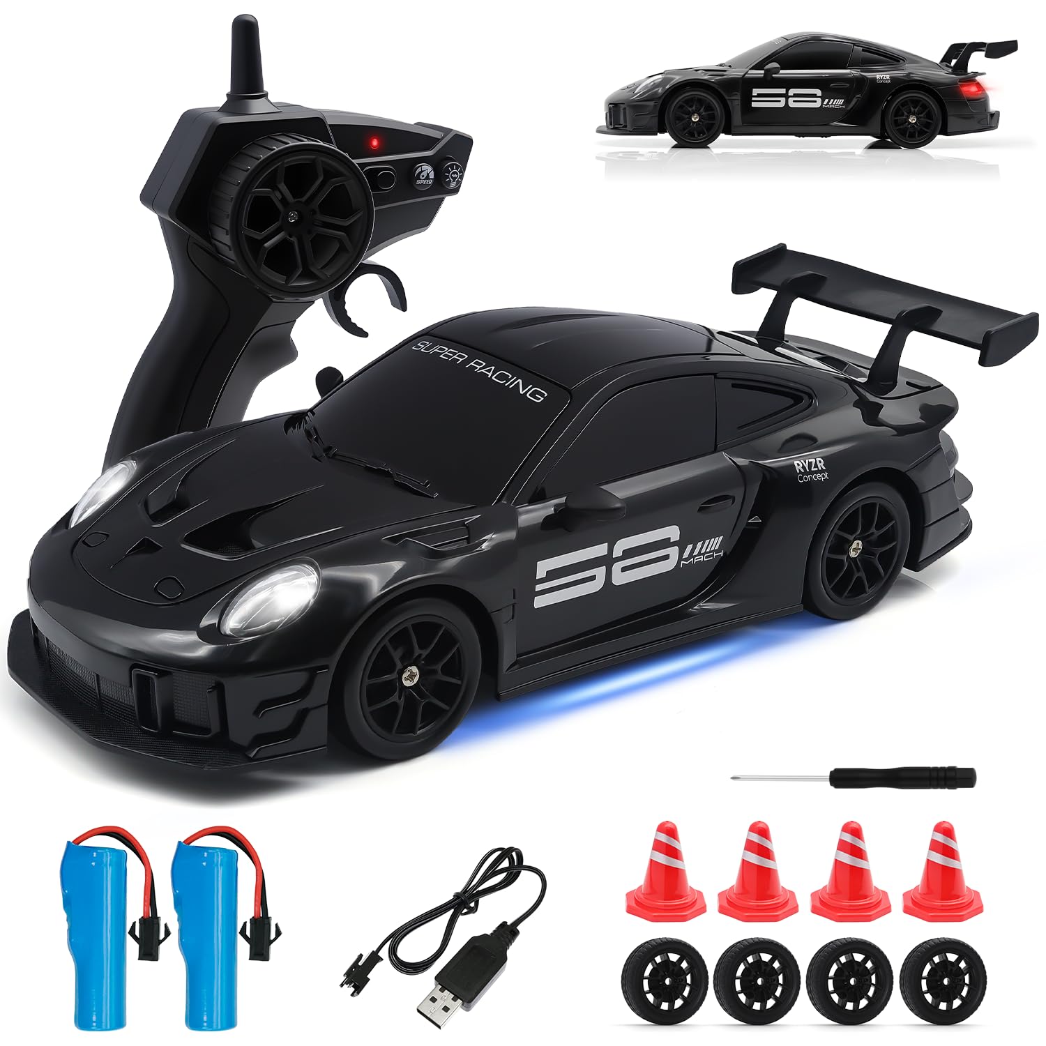 Aka Supaku RC Drift Car, 1:24 4WD Remote Control Cars Vehicle with LED Light,2.4GHz 20KM/H High Speed RC Cars with Two Batteries & Drifting Tires Racing Sport Toy for Adults Boys Girls Kids Black