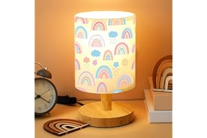 VIHOSE Rainbow Lamp for Girl Bedside Kids Lamp with Linen Wooden Nightstand Cartoon Nursery Light Lampshade for Girls Boys Living Room