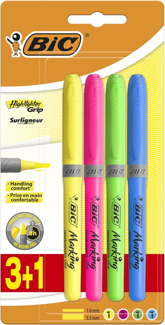 BIC Grip Highlighters Yellow/Blue/Green/Pink (Pack of 4) Amazon.co.uk Office Products