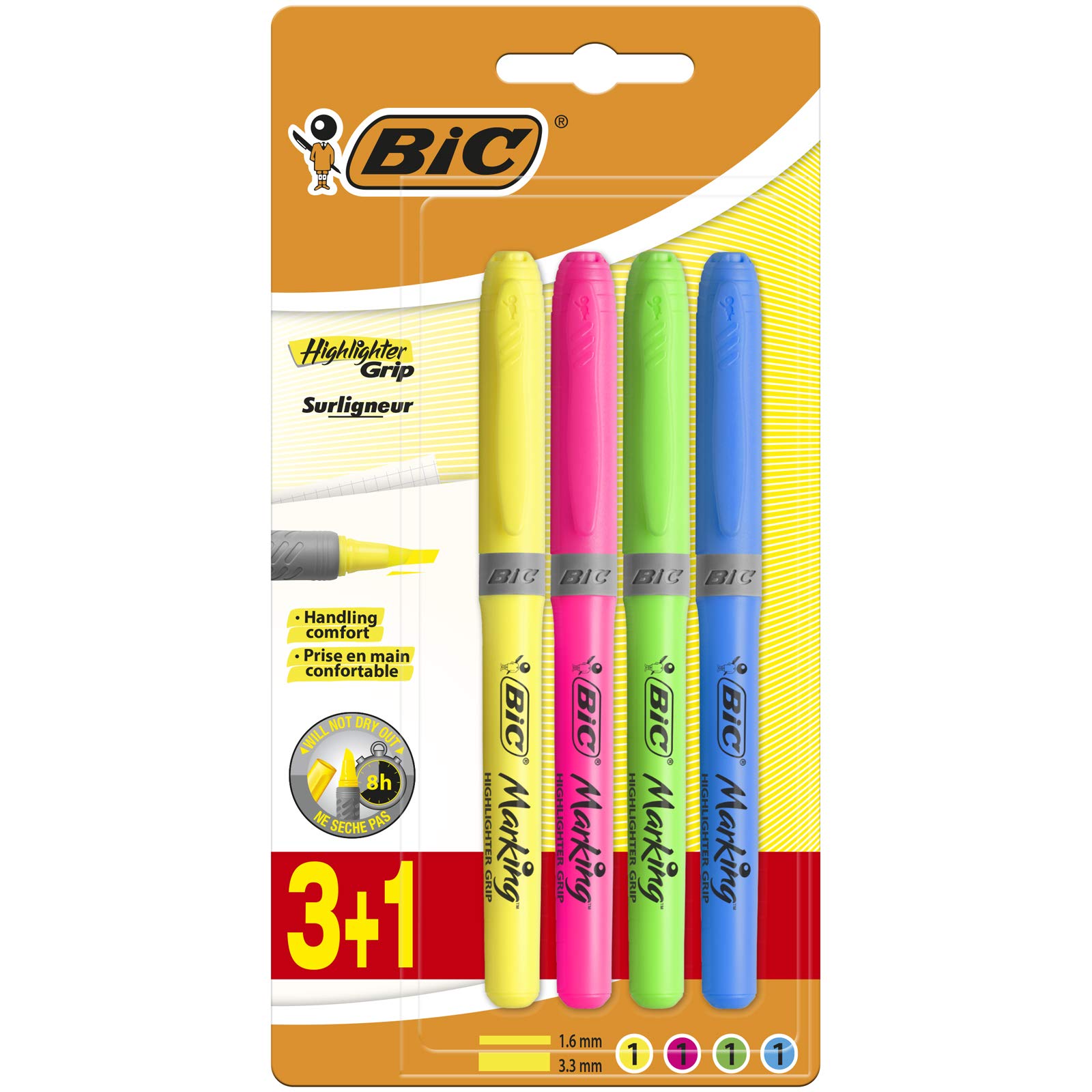 BIC Grip Highlighters - Yellow/Blue/Green/Pink (Pack of 4)