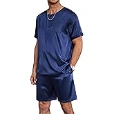 Ekouaer Men Silk Pajamas Set 2 Piece Pjs Soft Satin Sleepwear Shorts Button Down Tops Loungewear with Pockets