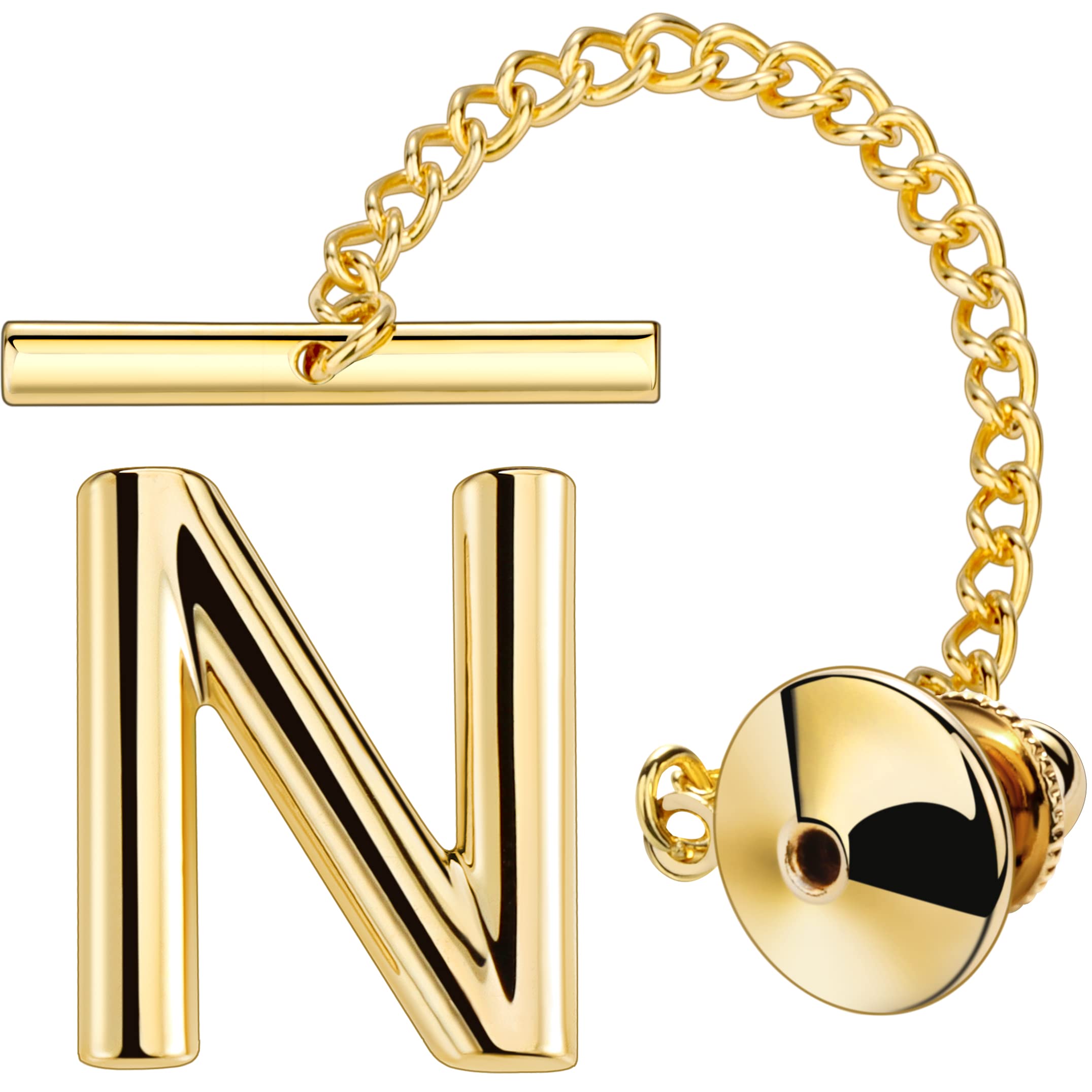 AMITER Men Tie Tack Initial Gold/Silver Tie Pin with Chain Clips for Necktie, Bow Tie & Hat, Brass, letter