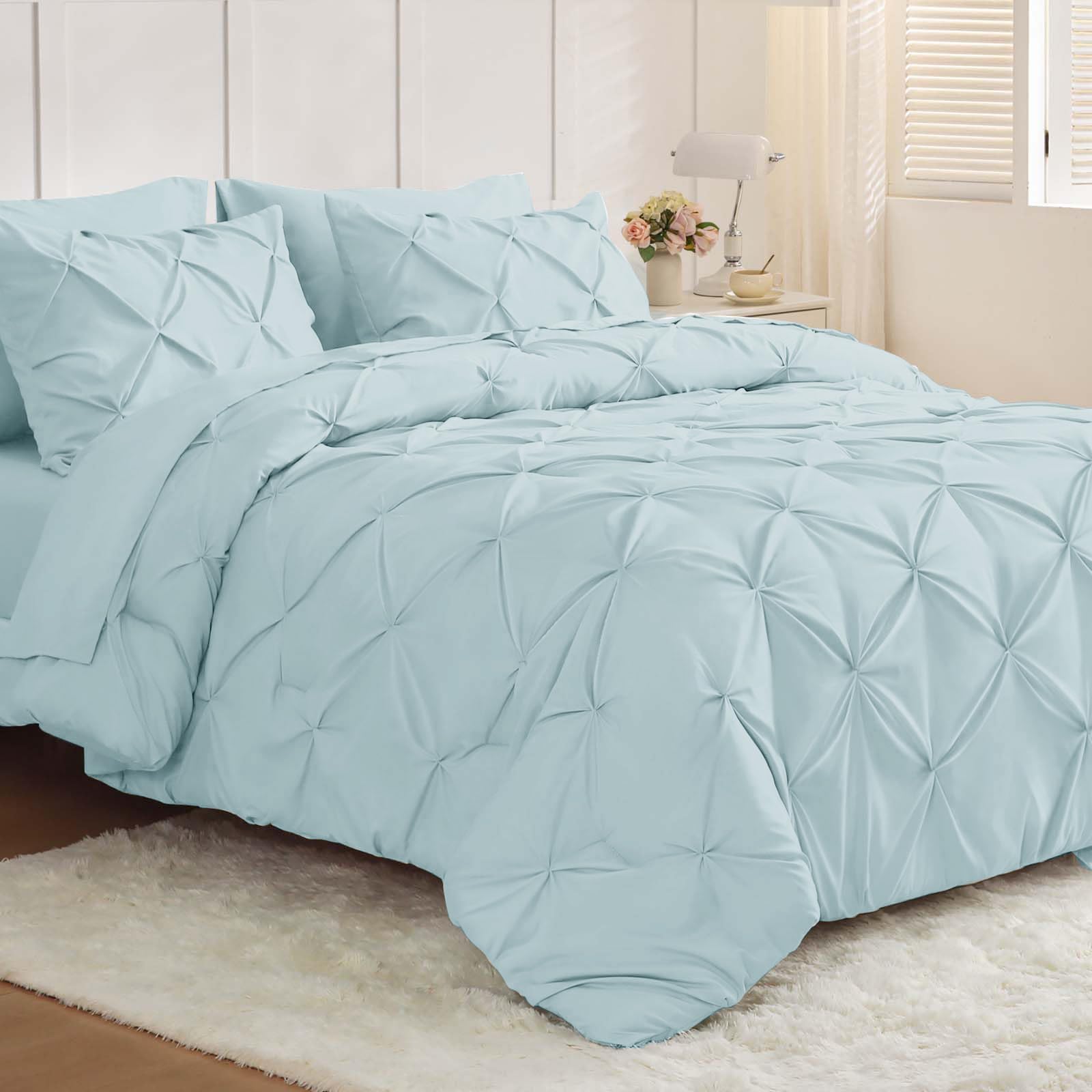 Photo 1 of *MINOR DAMAGE - USED*
JOLLYVOGUE Full Size Comforter Sets 7 Pieces - Bed in a Bag Full for All Season, Pintuck Bedding Comforter Sets with Comforter, Flat Sheet, Fitted Sheet and Pillowcases & Shams, Light Blue