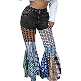 ThusFar Women High Waist Patchwork Flare Jeans Plaid Bell Bottom Ruffle Hem Denim Long Pants Trousers