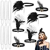 Homaisson 12PCS Feather Headbands Set for Women, 1920s Vintage Flapper Style Headpieces with Pearl Necklaces, Includes 6 Feather Headpiece and 6 Necklaces for Party, Halloween, and Costume Events