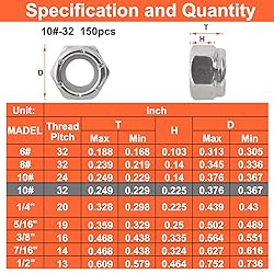 10#-32 Locknuts - 150Pcs Nylon Insert Lock Nuts,304