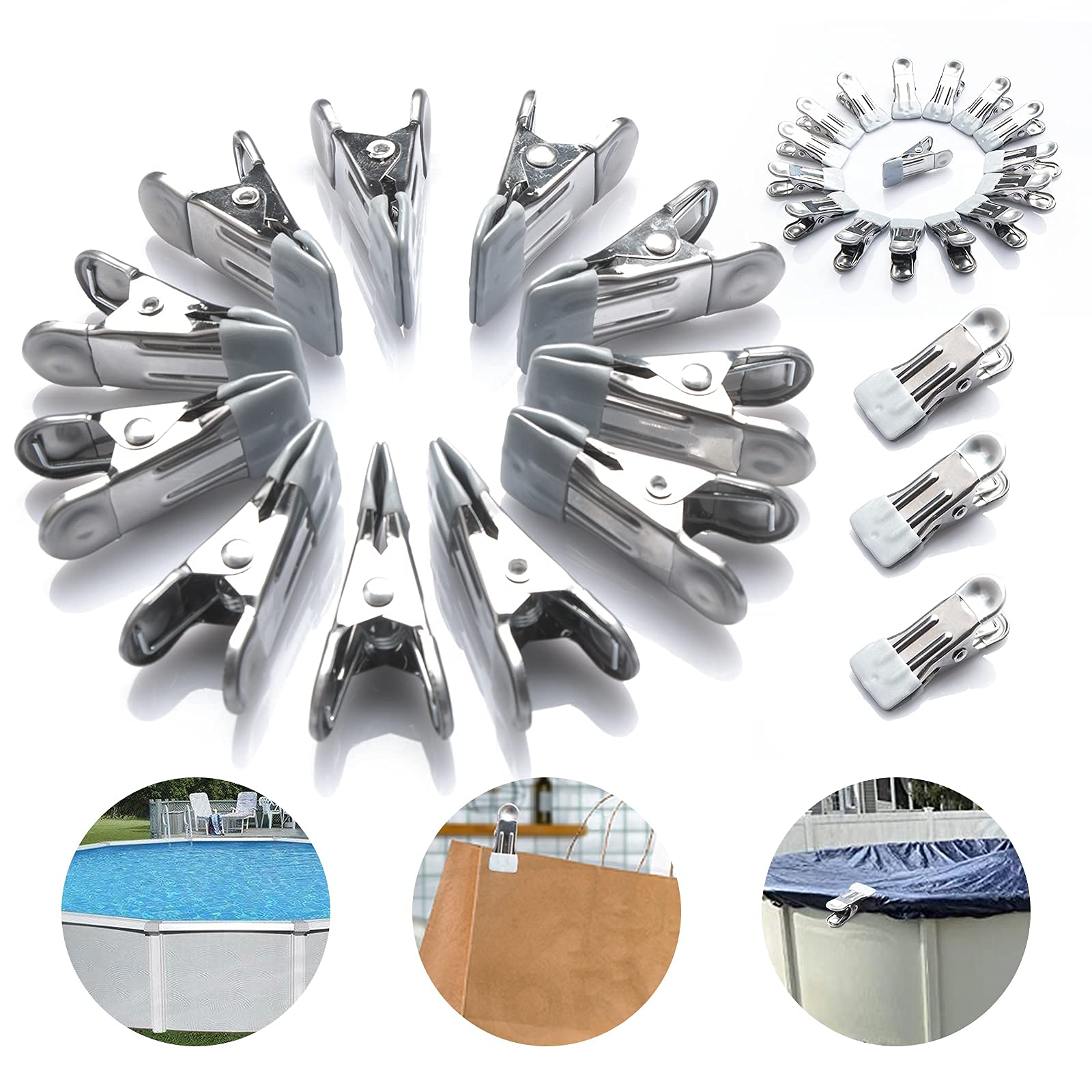 Photo 1 of GORNORVA 30 PCS Swimming Pool Above Ground Winter Cover Clips Secure Your Winter Pool Cover Attaches to Top Rail Wind Guard Clips Multifunctional Metal Clips Towel Clips Spring Clamps