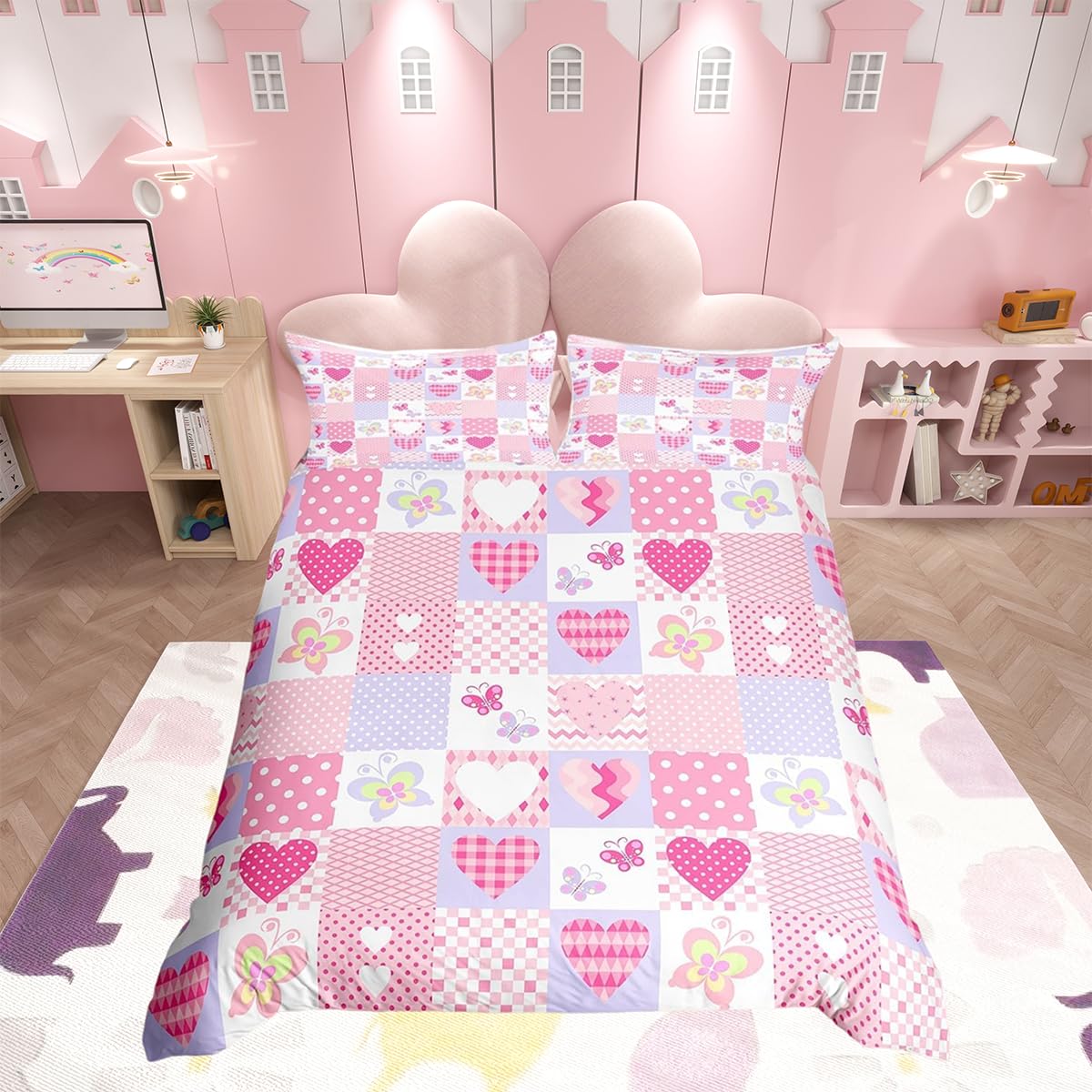 Loussiesd Girls Bedding Set and Pillow Set 135X200cm Pink Hearts and Butterflies Patchwork for Kdis Girls Duvet Cover Geometric Design Cot Bed Duvet Single Size with 1 Pillowcase — image 1