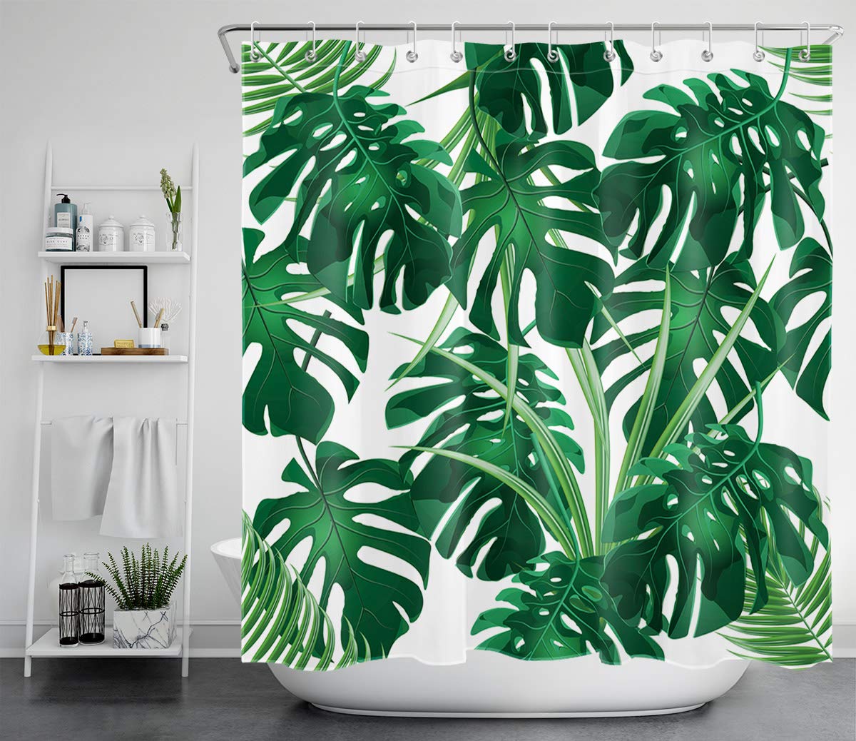LB Green Leaf Shower Curtain 71x78 inch Tropical Monstera Bath Curtain White Polyester Fabric Waterproof Mould Proof Bathroom Curtains with Hooks