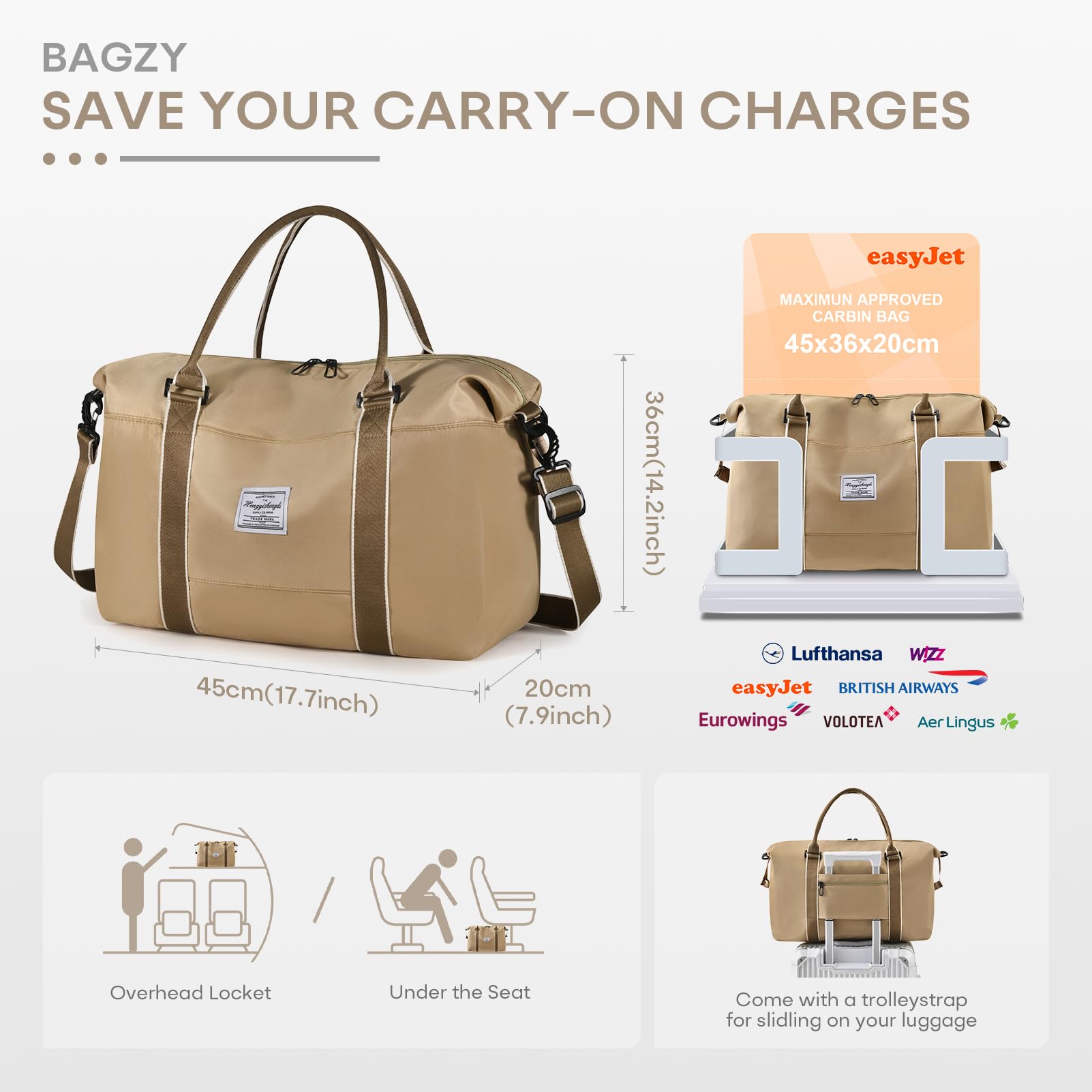 BAGZY Easyjet Handgepäck 45x36x20 Handgepäck Tasche für Flugzeug 32L Faltbare Reisetasche Wasserdicht Sporttasche Weekender Handgepäck Koffer Mit Nasse Tasche Herren Damen Für Fitness, Arbeit,Black 3