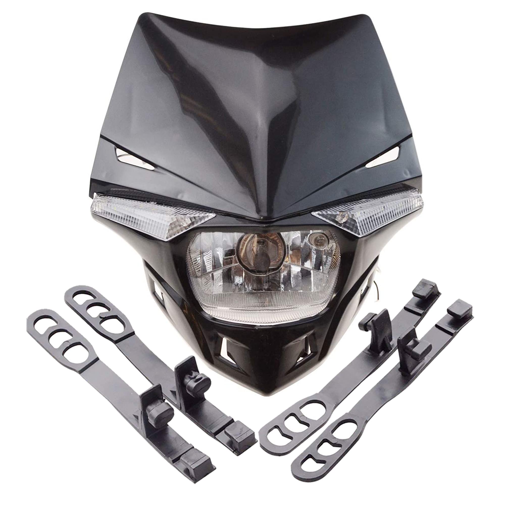 GOOFIT Black H4 12V 35W Headlight 2 Indicators lights Approved Cover Halogen Indicator Fairing Lampshade lights Replacement For Super moto Motocross Dirt Bike