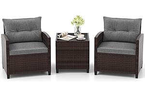 Tangkula 3 Pieces Patio Furniture Set, PE Rattan Wicker 3 Pcs Outdoor Sofa Set w/Washable Cushion and Tempered Glass Tabletop, Conversation Furniture for Garden Poolside Balcony (Grey)