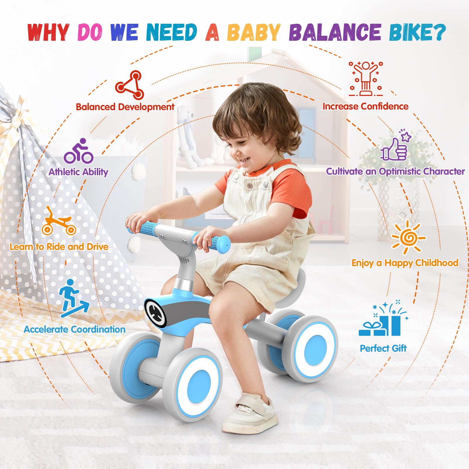 Yoyuto Baby Balance Bike for 1 Year Old Boys Girls 12-36 Month Toddler, 4 Silence Wheels Soft Seat Pre-School First Riding Toys Toddler First Birthday Gifts (Blue)