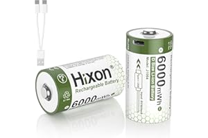 Hixon 1.5V USB Rechargeable Lithium Batteries D Size, 6000mWh Rechargeable D Battery, Charges 3 Hours, Over 1500 Cycles, 2-in-1 USB-A to USB-C Charging Cable, LED Charge Indicator, 2-Pack