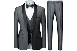KUDMOL Men's 3 Piece Tuxedo Suit for Men One Button Jacket Suits Slim Fit for Wedding Prom Blazer Vest Pants