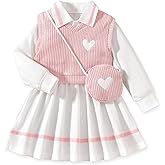 Toddler Girl Long Sleeve Button Down Collared Shirt Dress Sleeveless Vest Sweatshirt with Cute Bag 3 Pieces Outfits